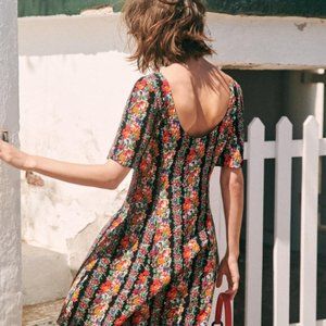 Sézane Faustine Dress - Size 4 - Print Flowers Striped Black Background